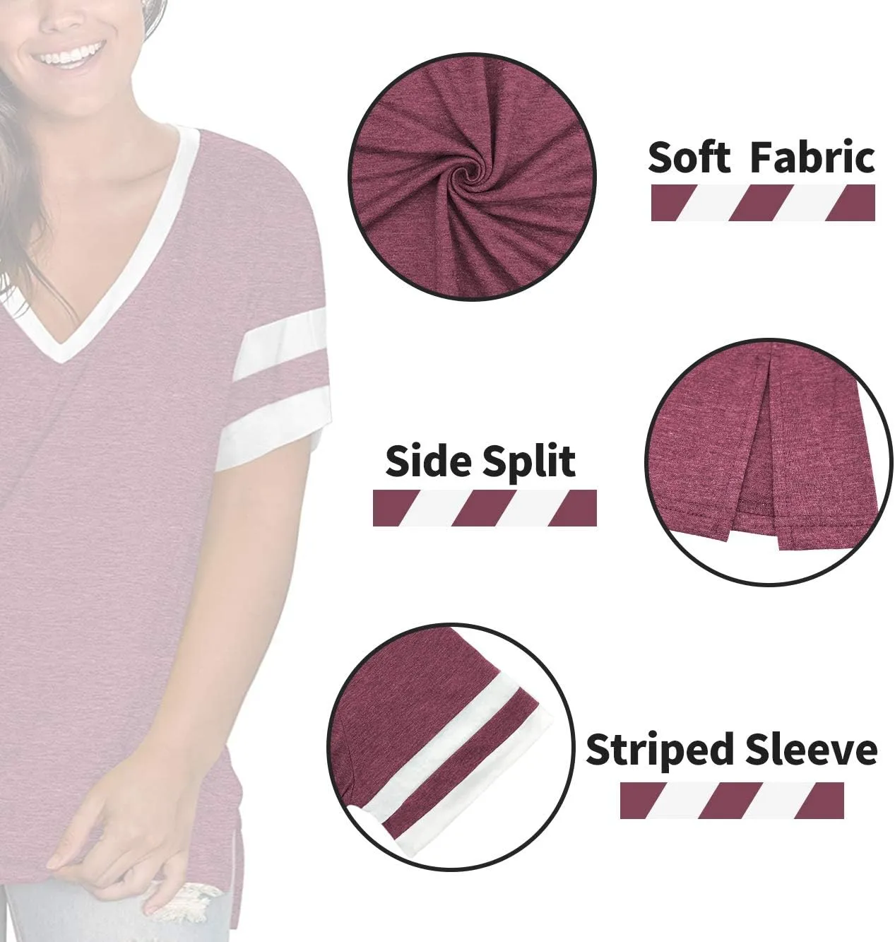 ROSRISS Plus-Size Womens Tops V Neck Color Block Tee Side Split Striped Tunics