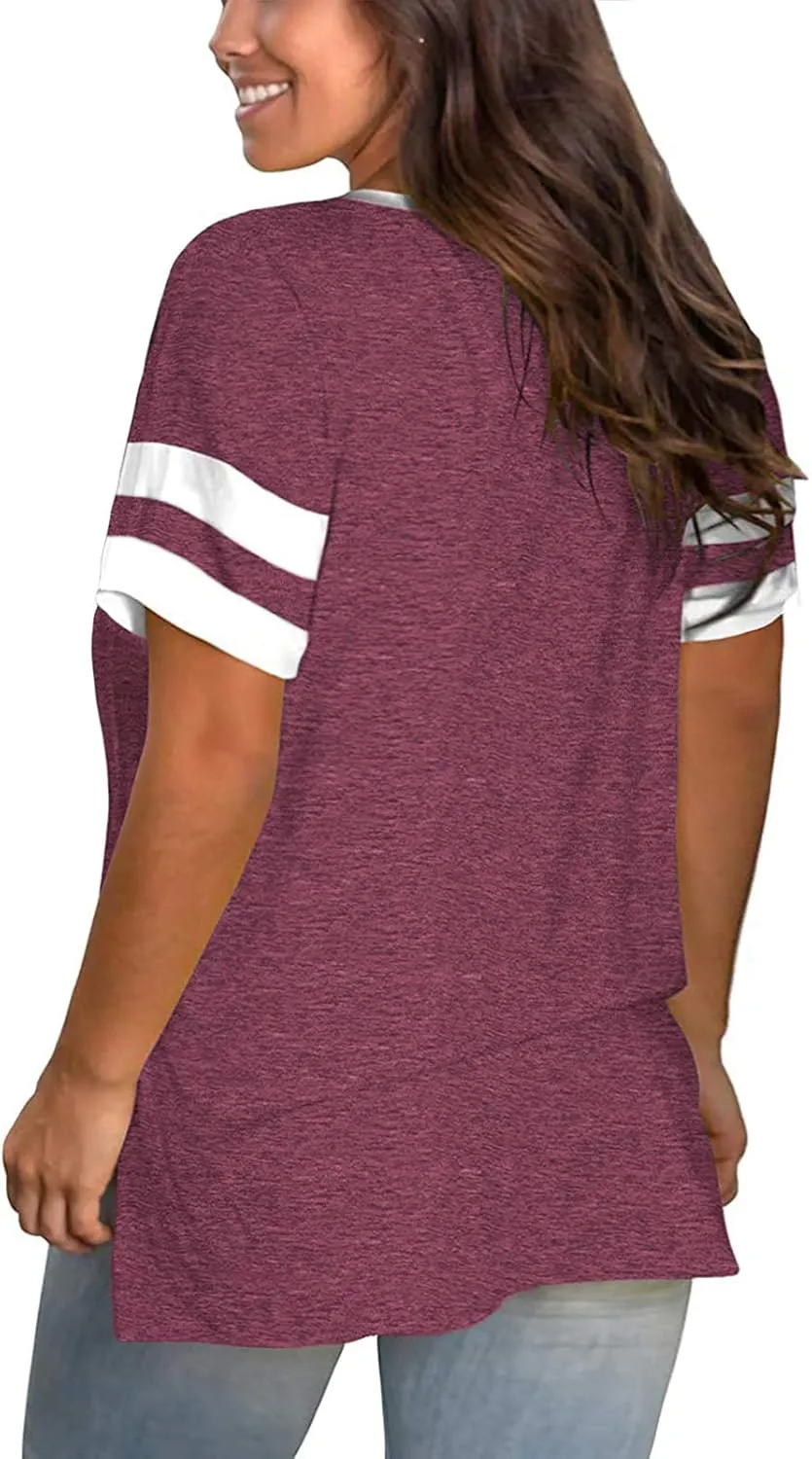 ROSRISS Plus-Size Womens Tops V Neck Color Block Tee Side Split Striped Tunics