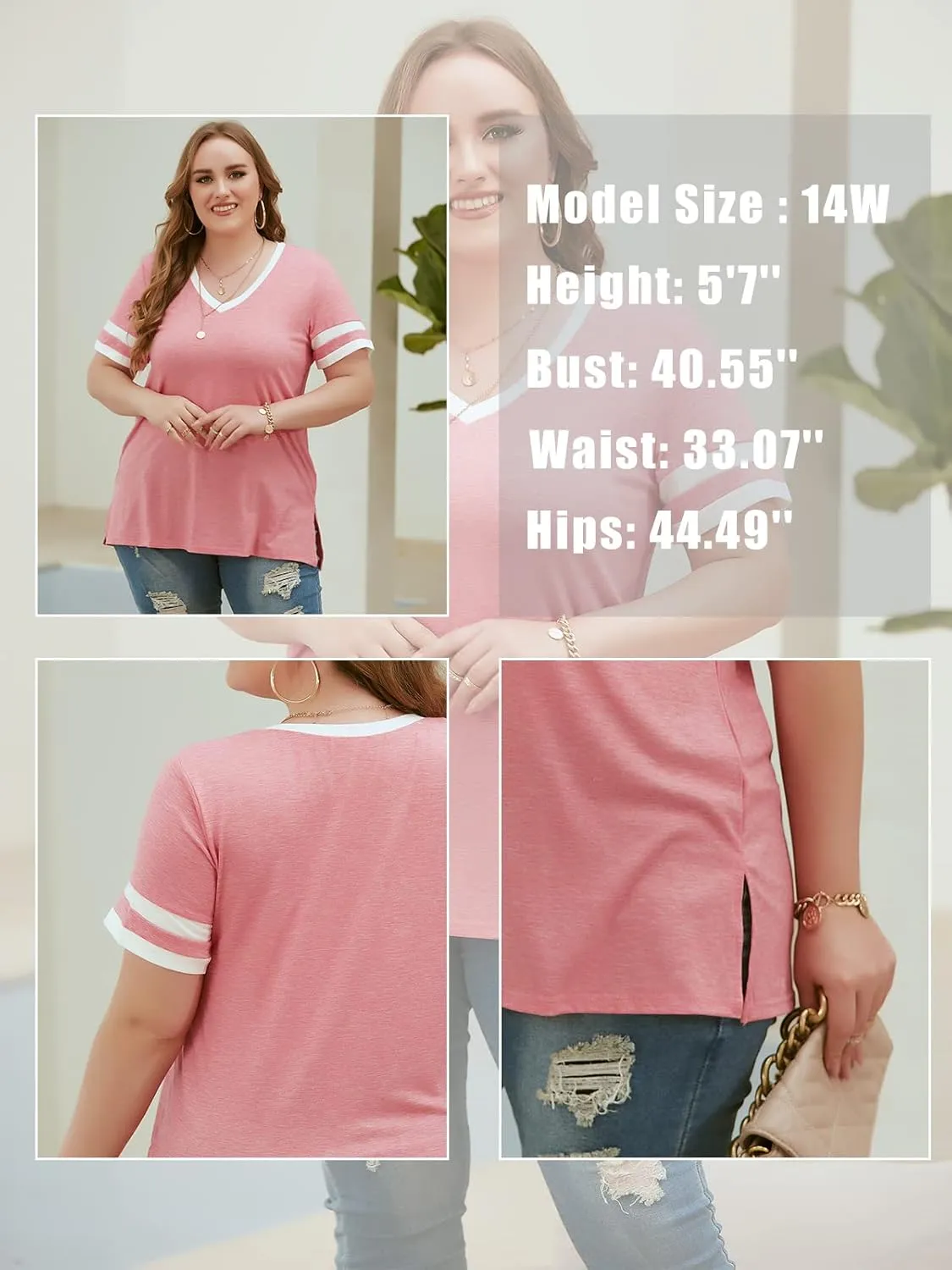 ROSRISS Plus-Size Womens Tops V Neck Color Block Tee Side Split Striped Tunics