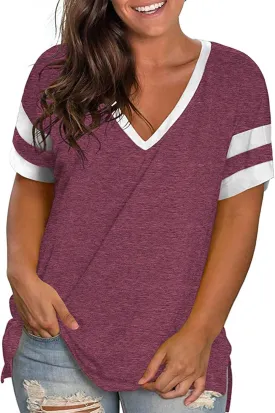 ROSRISS Plus-Size Womens Tops V Neck Color Block Tee Side Split Striped Tunics
