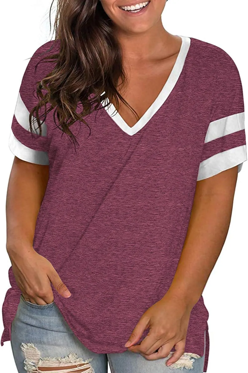 ROSRISS Plus-Size Womens Tops V Neck Color Block Tee Side Split Striped Tunics