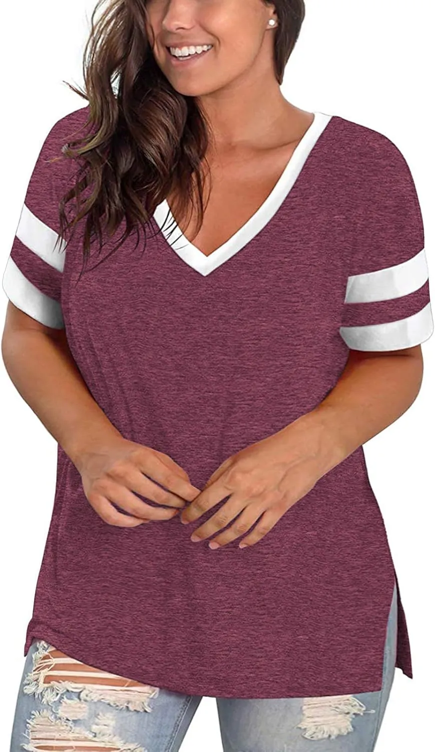 ROSRISS Plus-Size Womens Tops V Neck Color Block Tee Side Split Striped Tunics