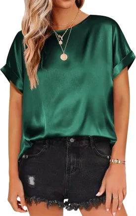 Satin Tops for Women Casual Short Sleeve Shirts Crewneck Pullover Tops Loose Fit Work Blouses 2025 Y2K Tee Tops