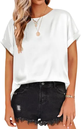 Satin Tops for Women Casual Short Sleeve Shirts Crewneck Pullover Tops Loose Fit Work Blouses 2025 Y2K Tee Tops