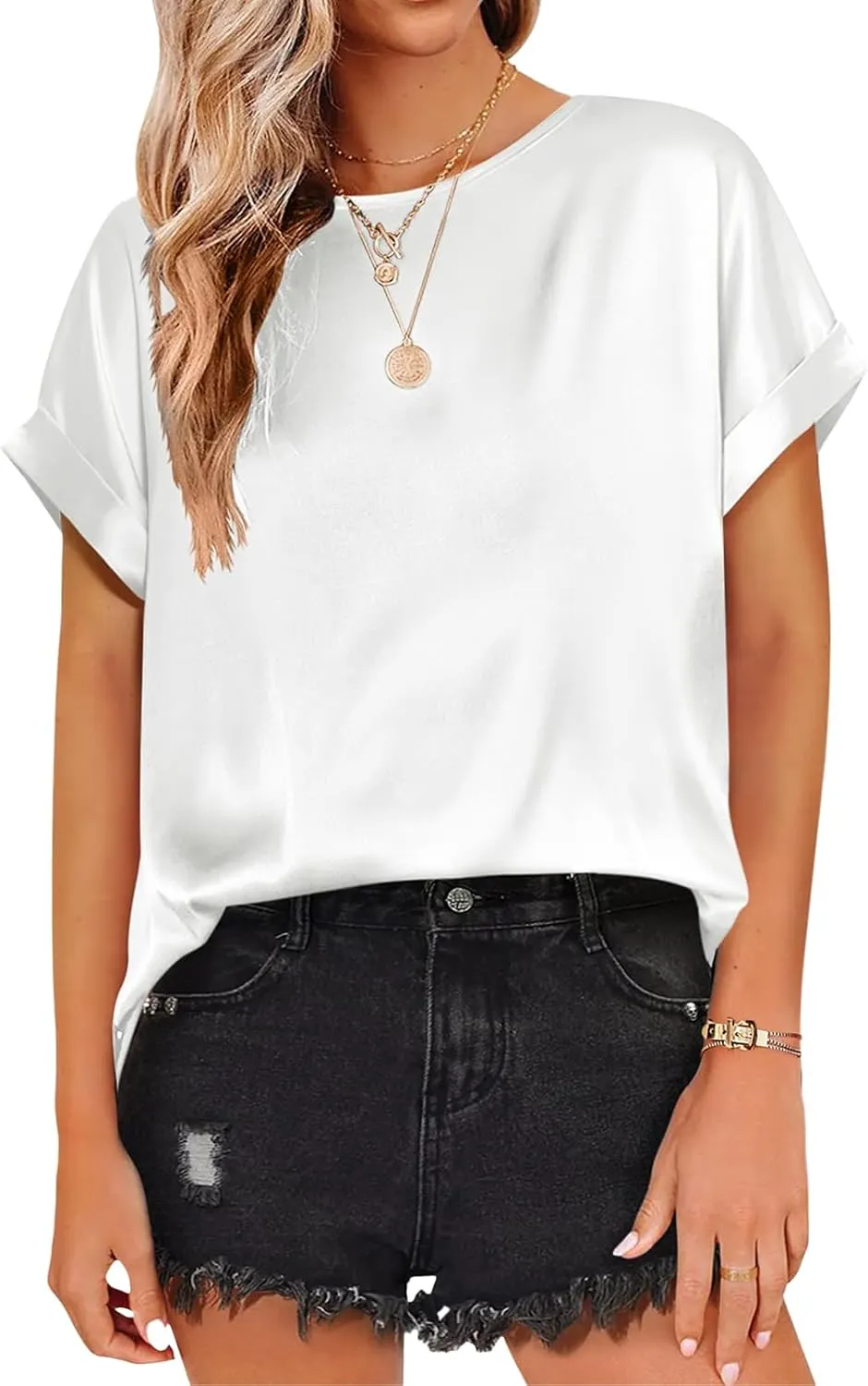 Satin Tops for Women Casual Short Sleeve Shirts Crewneck Pullover Tops Loose Fit Work Blouses 2025 Y2K Tee Tops