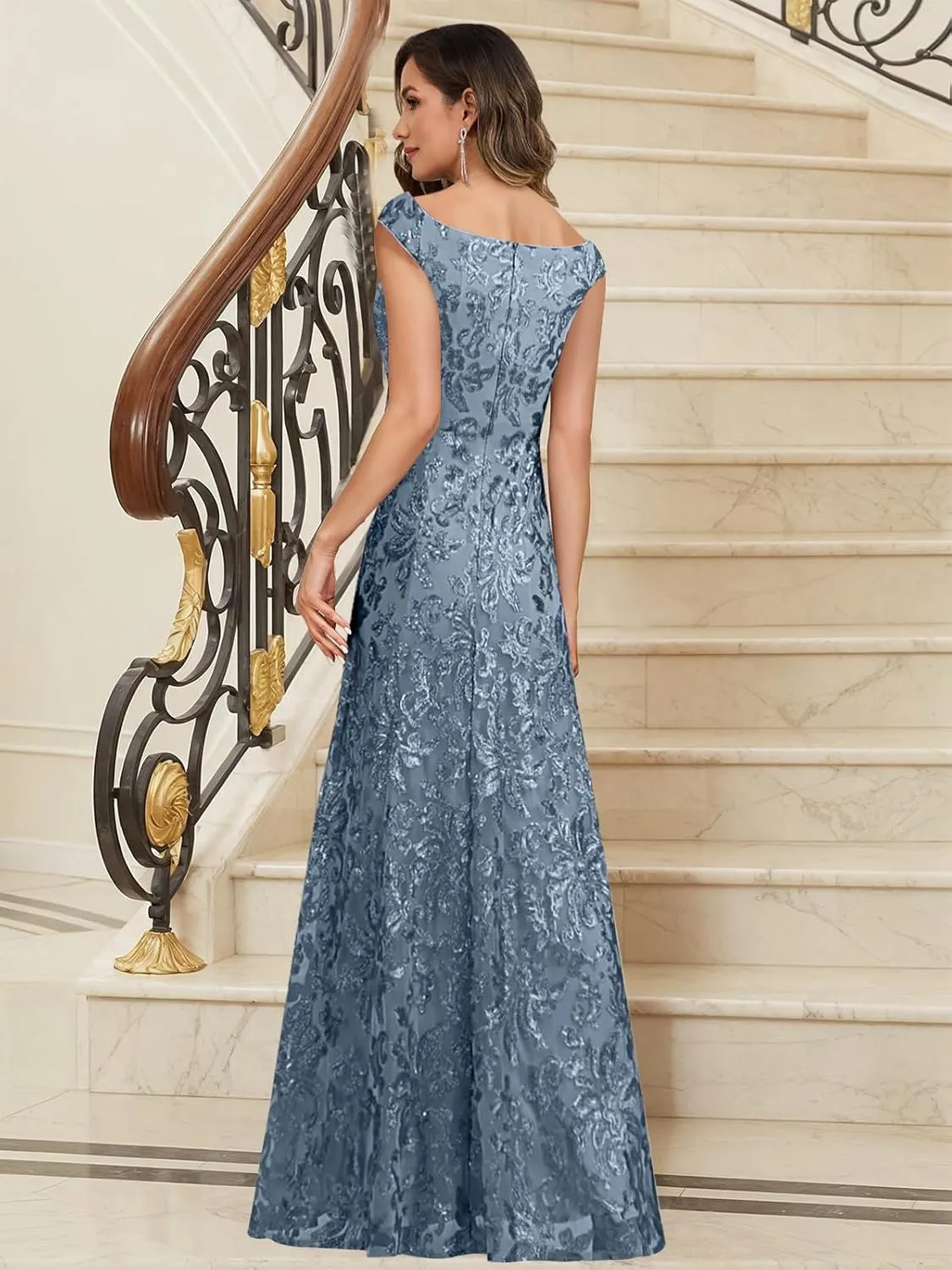 Sequin Mother of The Bride Dresses for Women Cap Sleeves Lace Long Evening Formal Gowns