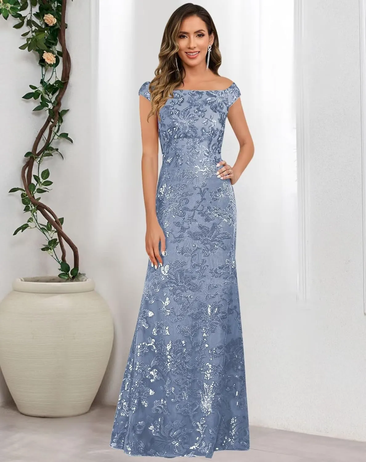 Sequin Mother of The Bride Dresses for Women Cap Sleeves Lace Long Evening Formal Gowns