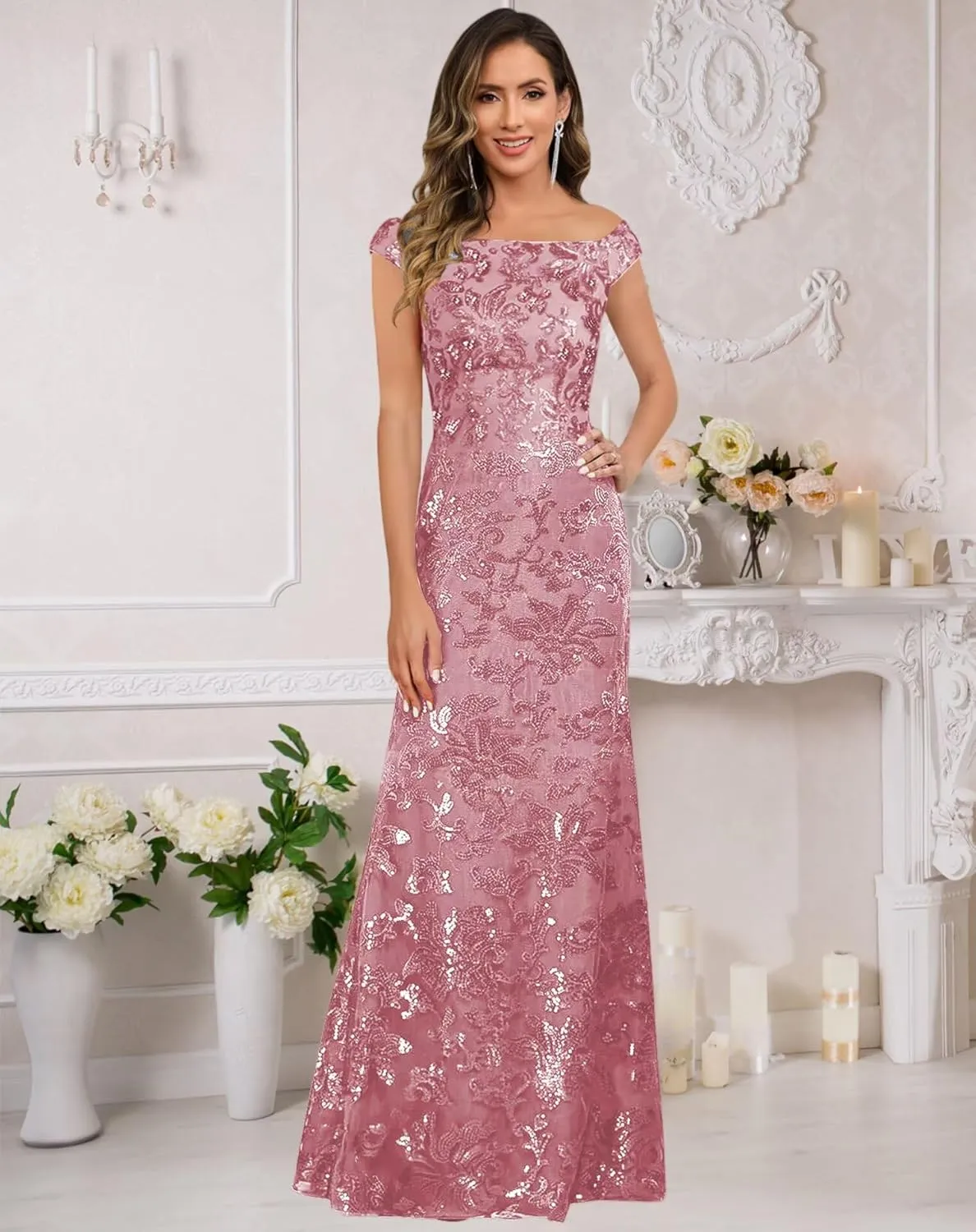 Sequin Mother of The Bride Dresses for Women Cap Sleeves Lace Long Evening Formal Gowns