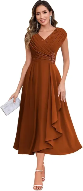 Sparkly Floral Mother of The Bride Dresses for Women Chiffon Ruffled Cap Sleeve Short Formal Wedding Guest Dress
