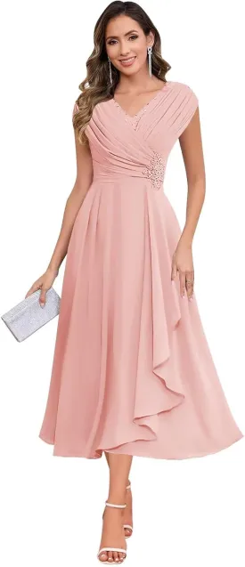 Sparkly Floral Mother of The Bride Dresses for Women Chiffon Ruffled Cap Sleeve Short Formal Wedding Guest Dress