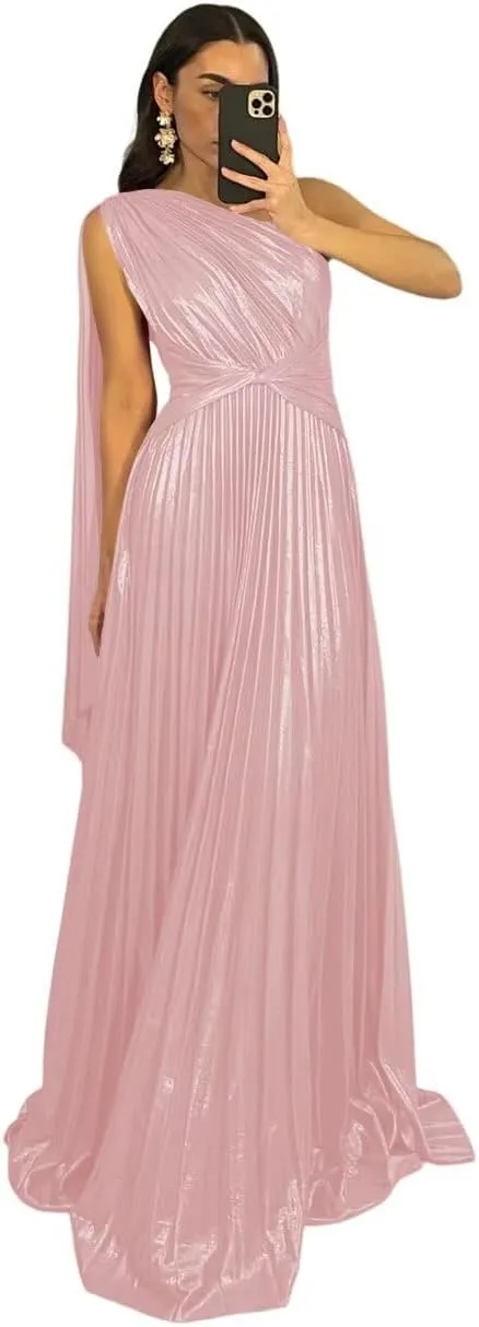 Sparkly Metallic Prom Dresses Pleated A Line One Shoulder Satin Long Formal Party Dress for Women RO141