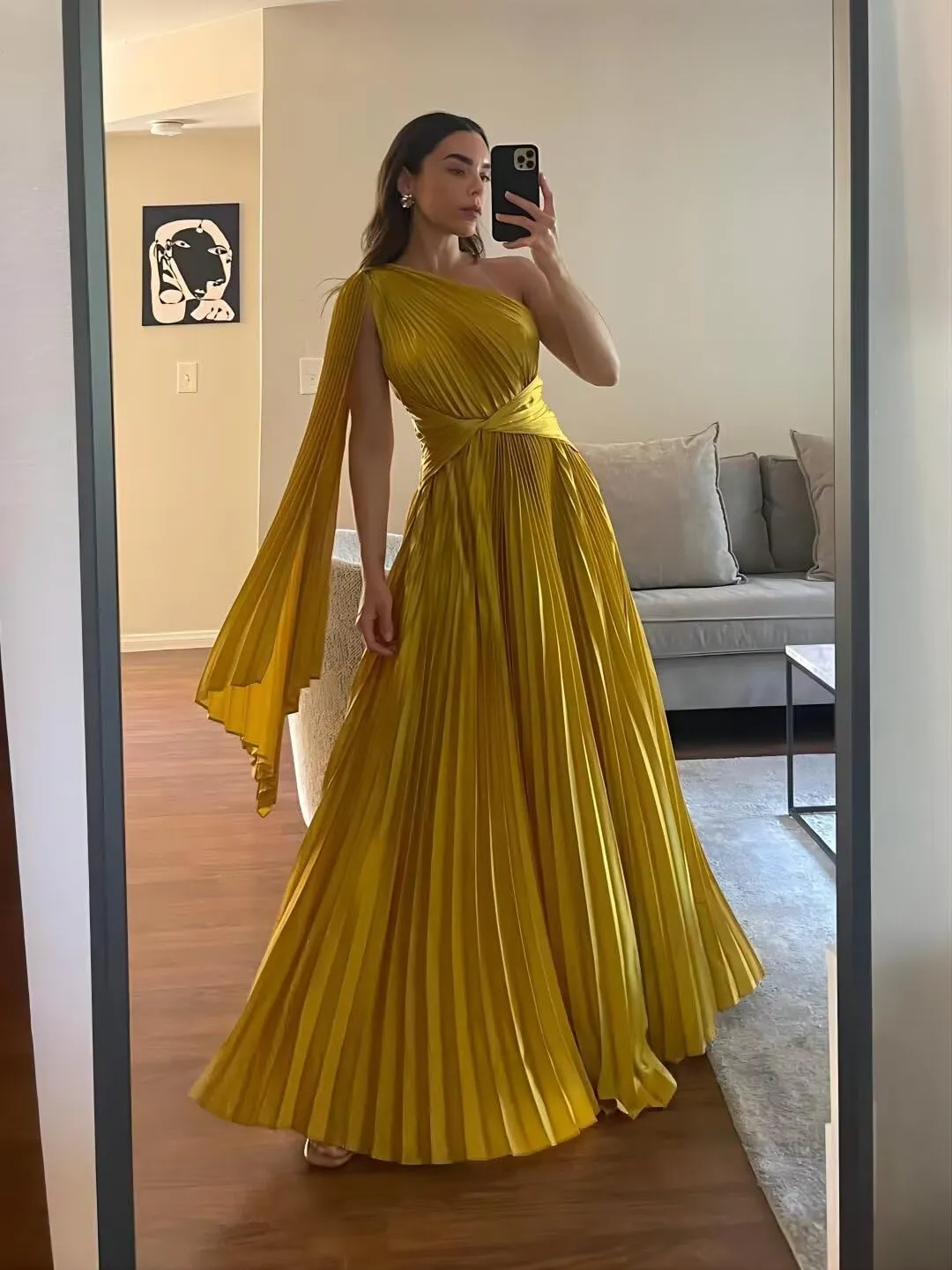 Sparkly Metallic Prom Dresses Pleated A Line One Shoulder Satin Long Formal Party Dress for Women RO141