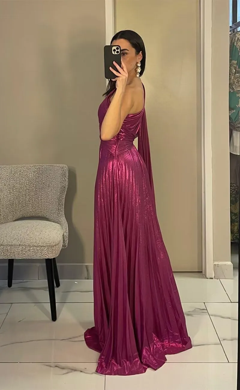 Sparkly Metallic Prom Dresses Pleated A Line One Shoulder Satin Long Formal Party Dress for Women RO141
