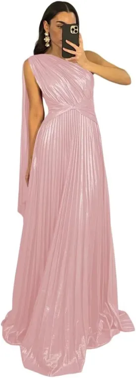 Sparkly Metallic Prom Dresses Pleated A Line One Shoulder Satin Long Formal Party Dress for Women RO141