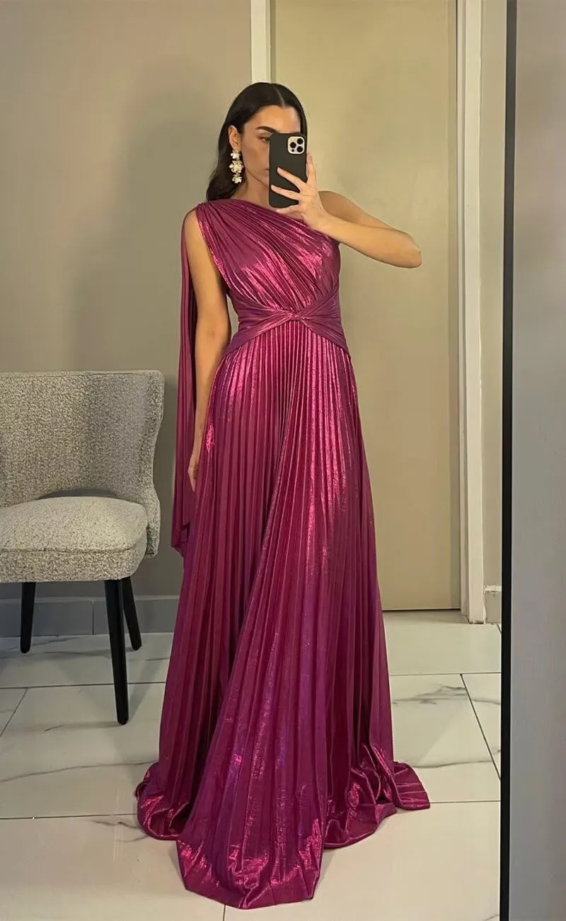 Sparkly Metallic Prom Dresses Pleated A Line One Shoulder Satin Long Formal Party Dress for Women RO141