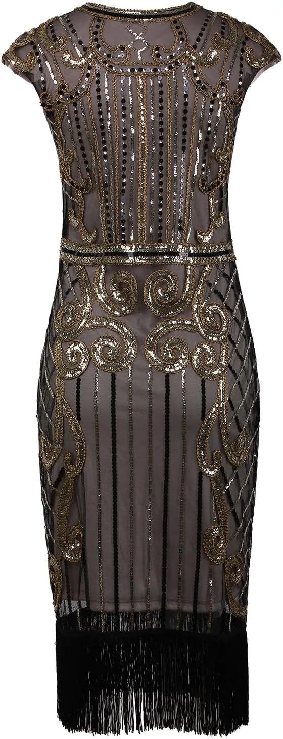 Vijiv 1920s Vintage Inspired Sequin Embellished Fringe Long Gatsby Flapper Dress