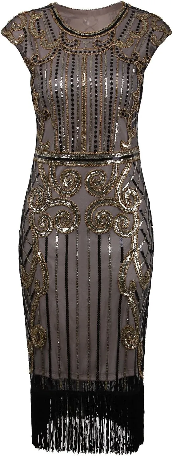 Vijiv 1920s Vintage Inspired Sequin Embellished Fringe Long Gatsby Flapper Dress