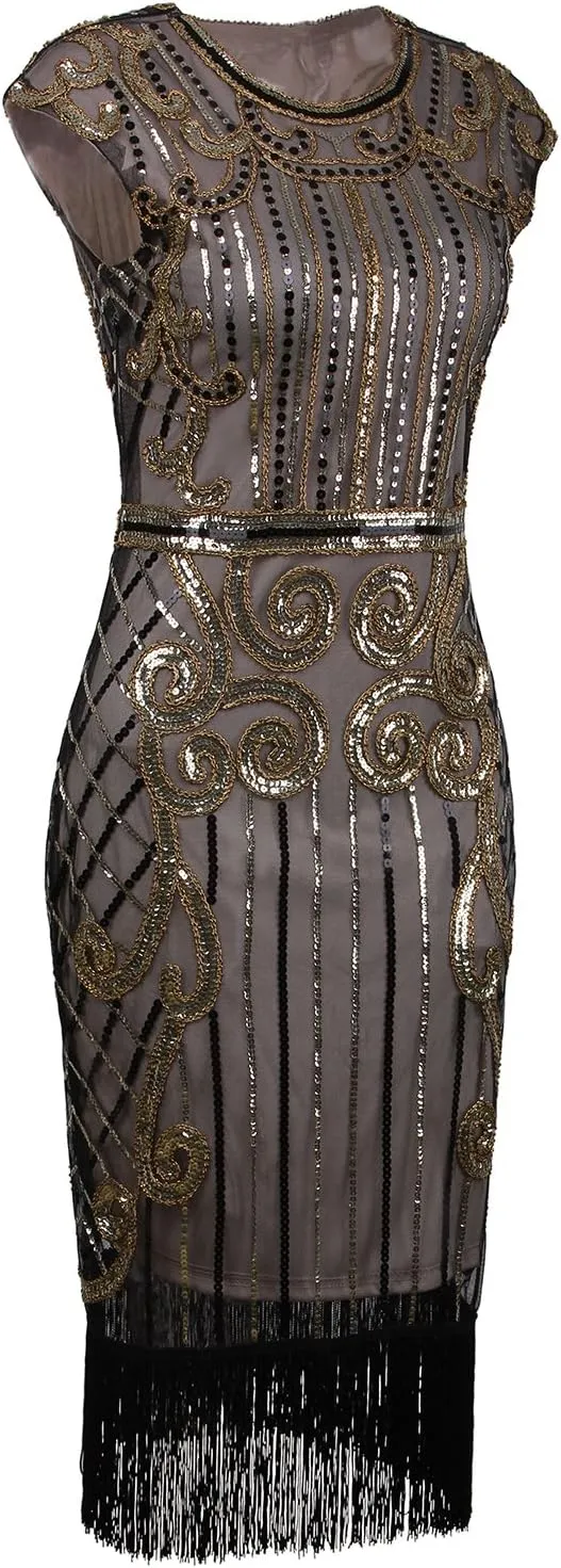 Vijiv 1920s Vintage Inspired Sequin Embellished Fringe Long Gatsby Flapper Dress
