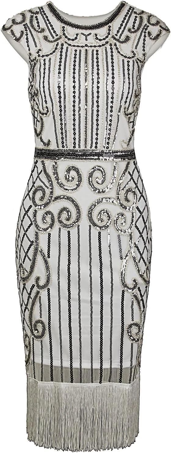 Vijiv 1920s Vintage Inspired Sequin Embellished Fringe Long Gatsby Flapper Dress