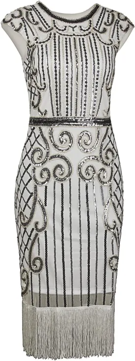 Vijiv 1920s Vintage Inspired Sequin Embellished Fringe Long Gatsby Flapper Dress