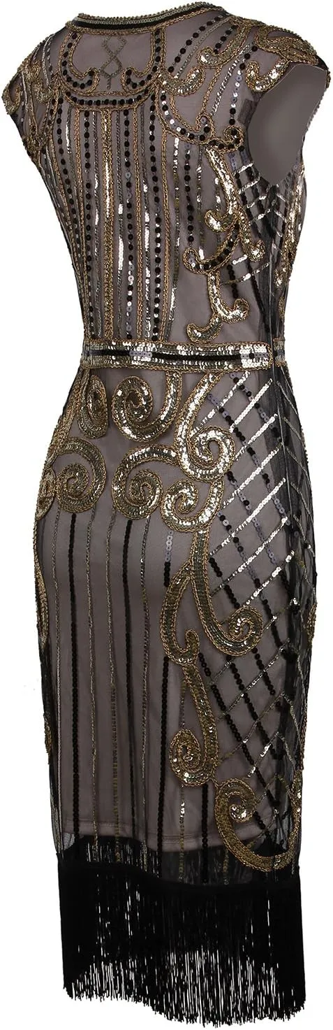 Vijiv 1920s Vintage Inspired Sequin Embellished Fringe Long Gatsby Flapper Dress