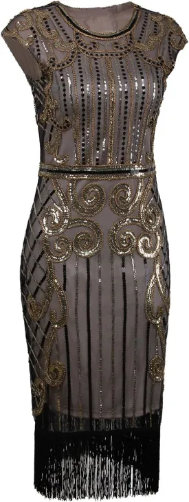 Vijiv 1920s Vintage Inspired Sequin Embellished Fringe Long Gatsby Flapper Dress