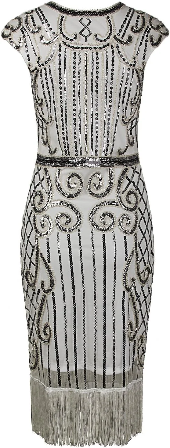 Vijiv 1920s Vintage Inspired Sequin Embellished Fringe Long Gatsby Flapper Dress