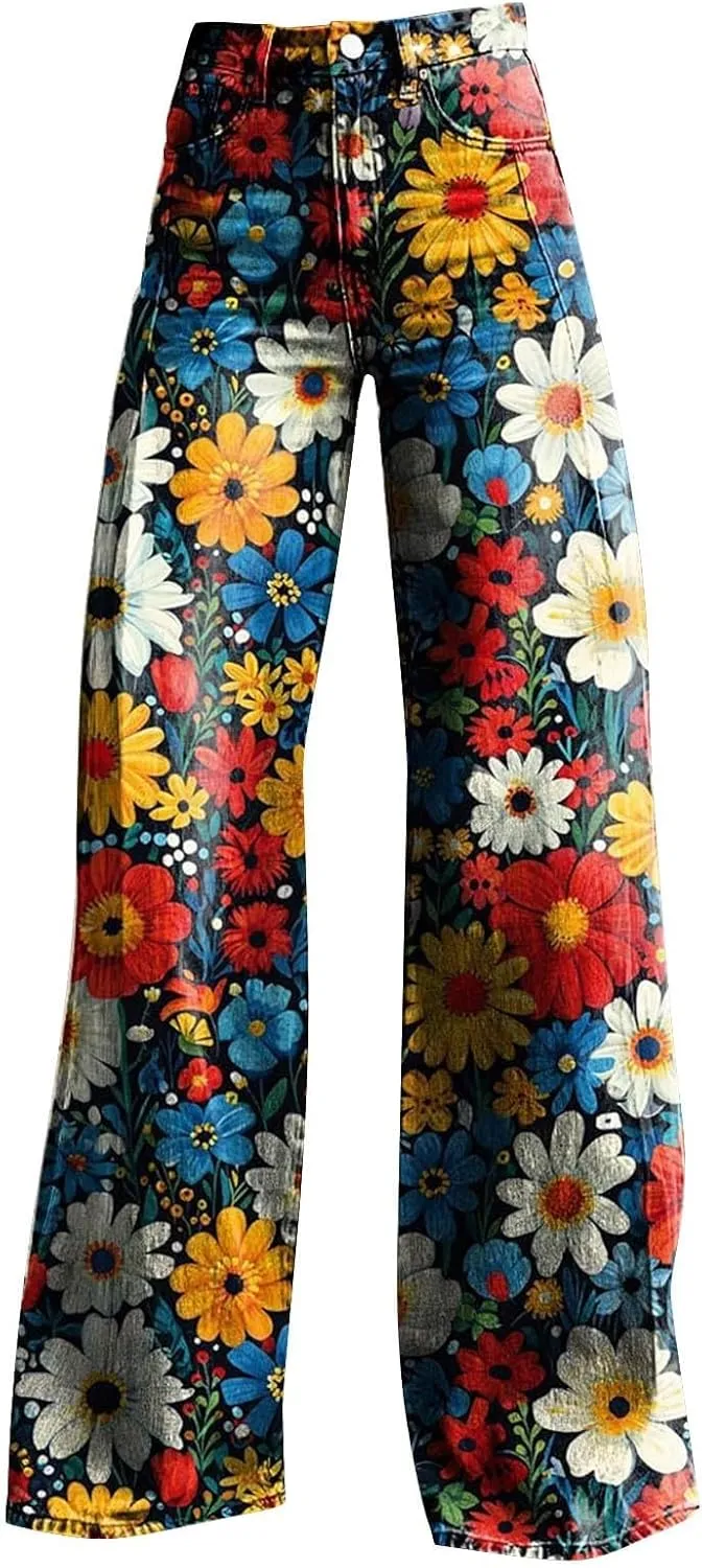 Wide Leg Flare Jeans for Women with Pockets Baggy Pants Vintage Floral Print High Waisted Loose Pant,Printed Jeans for Women