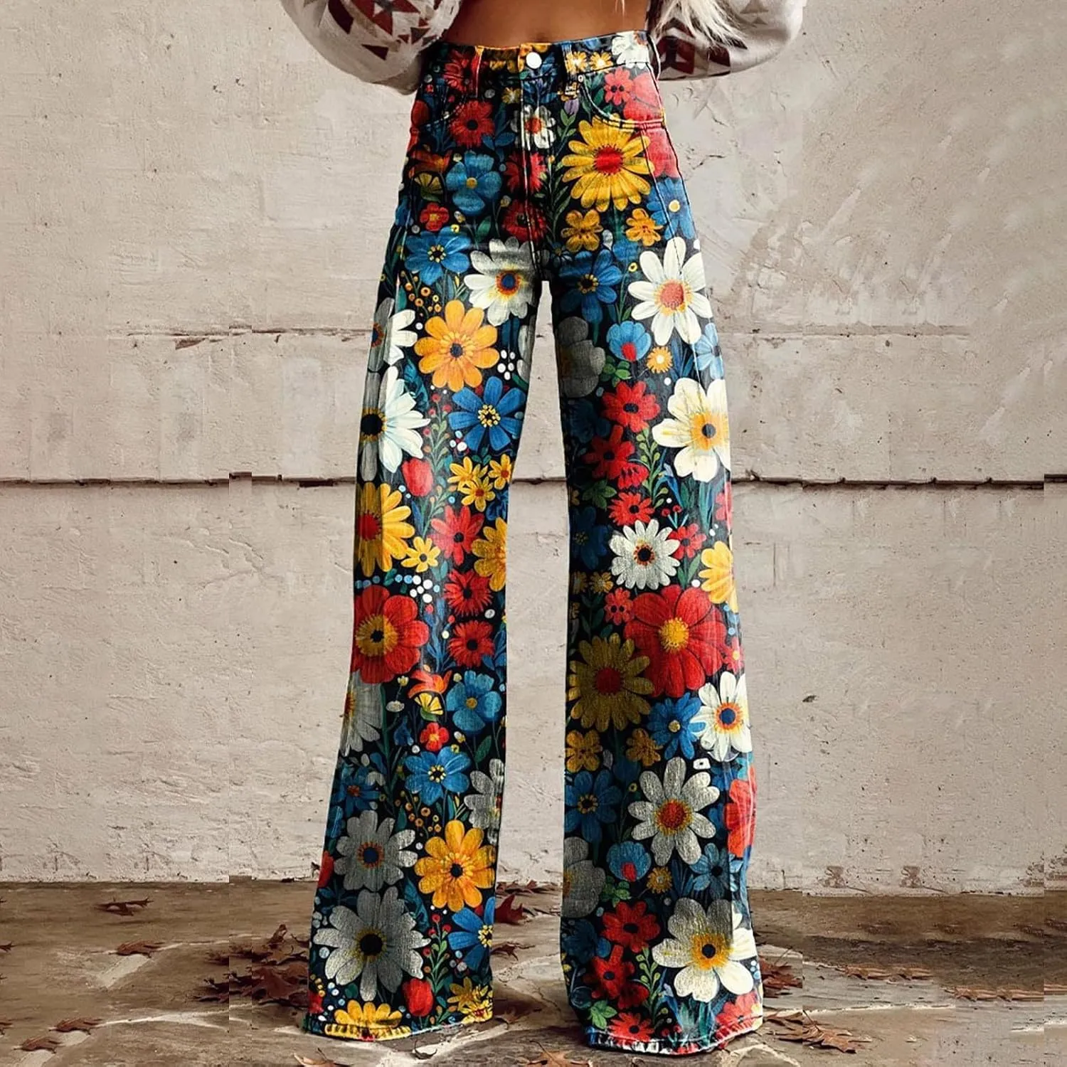 Wide Leg Flare Jeans for Women with Pockets Baggy Pants Vintage Floral Print High Waisted Loose Pant,Printed Jeans for Women
