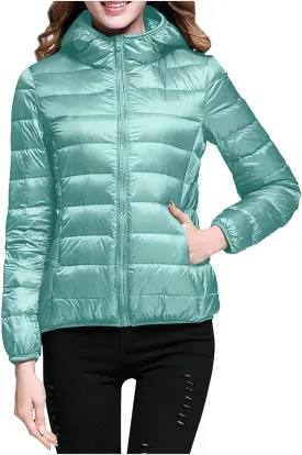 Women Down Jackets Casual Warm Lightweight Hooded Windproof Trendy Slim Fit Quilted Winter Coat Outerwear with Pocket