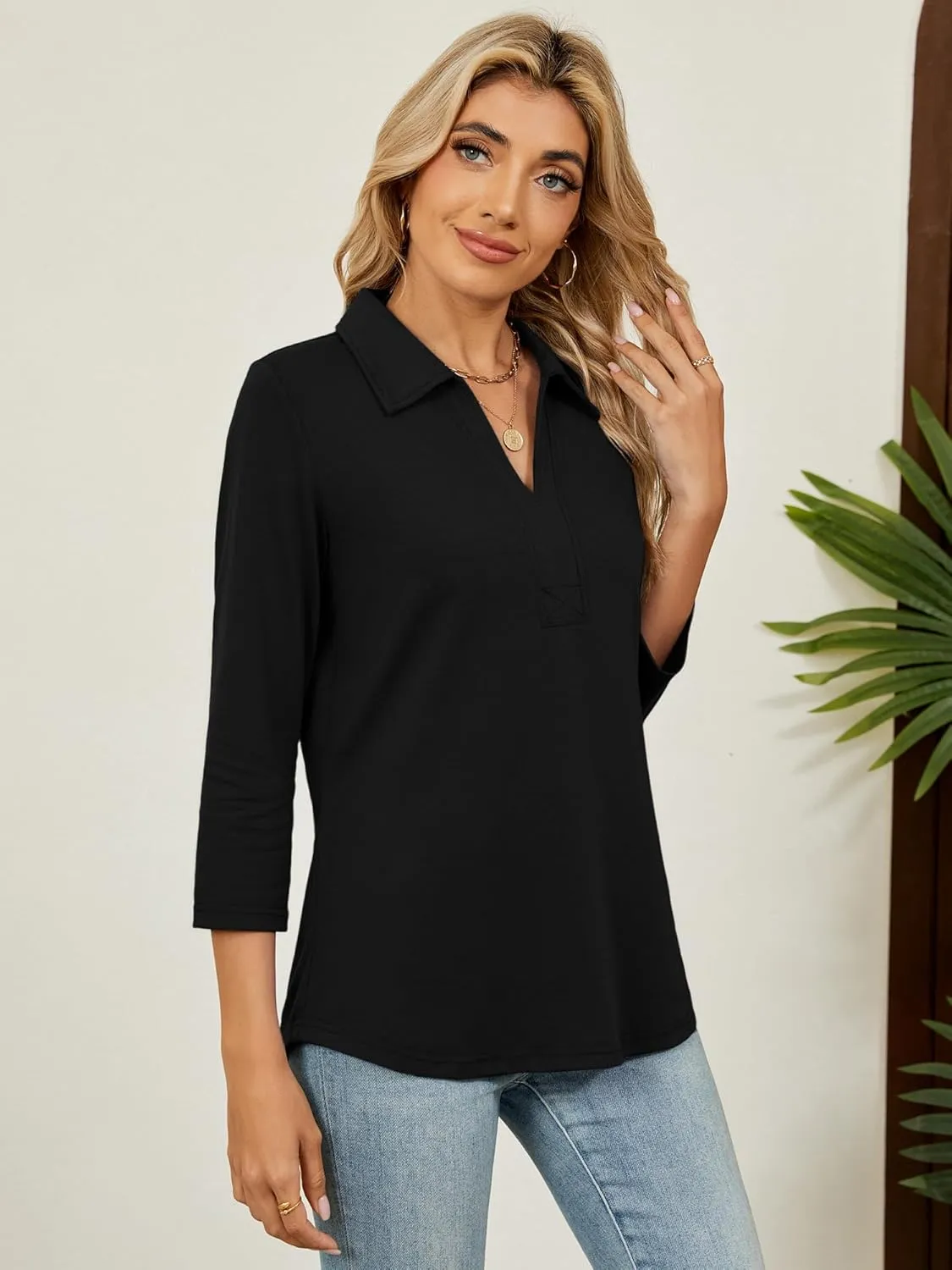 Women's 3/4 Length Sleeve V-Neck Collared Tops Summer Business Casual Work Polo Shirts Fashion Outfits 2025