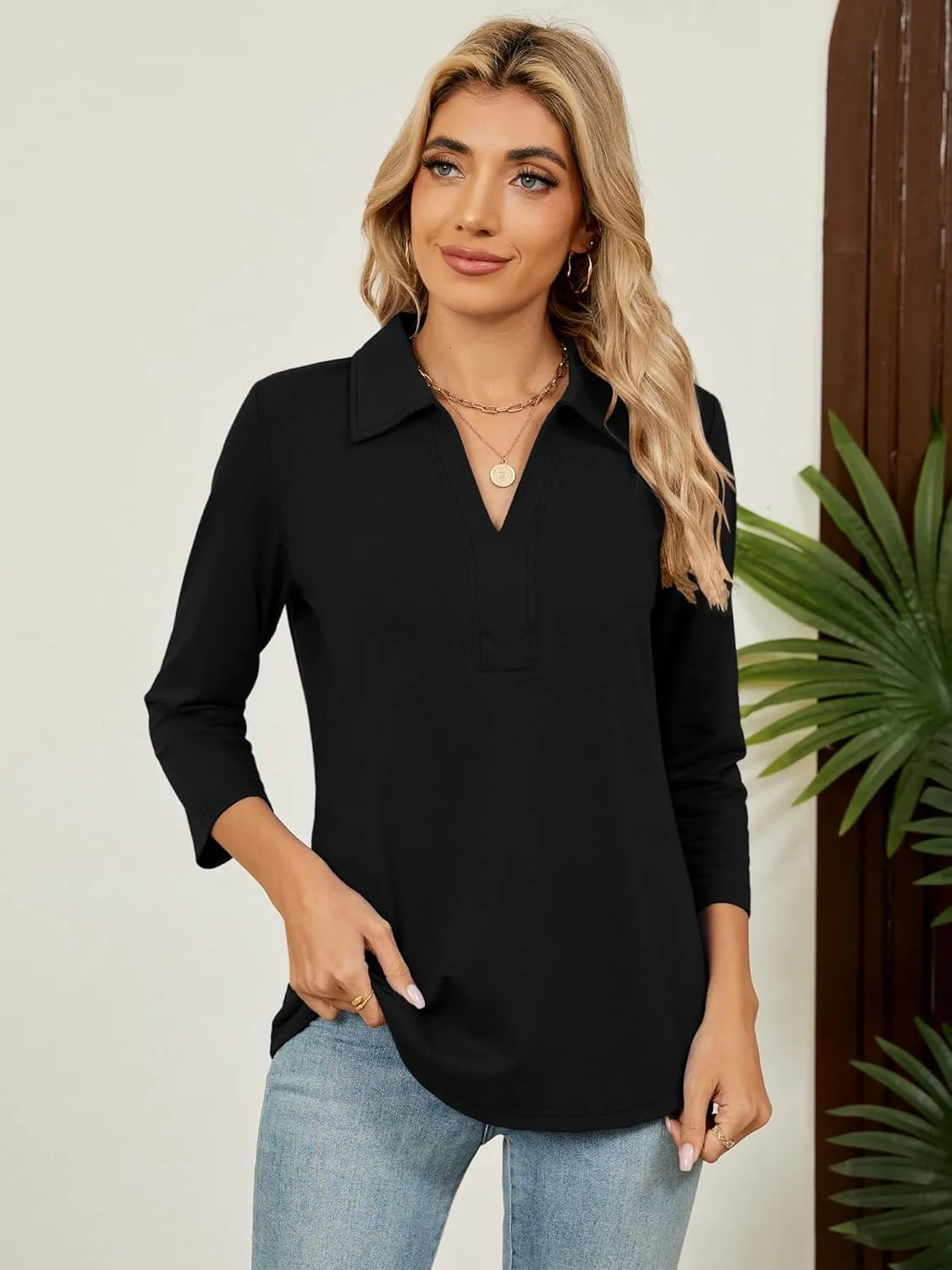 Women's 3/4 Length Sleeve V-Neck Collared Tops Summer Business Casual Work Polo Shirts Fashion Outfits 2025