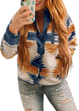 Womens Aztec Print Fleece Jacket Casual Long Sleeve Snap Button Vintage Shacket Coat with Pockets