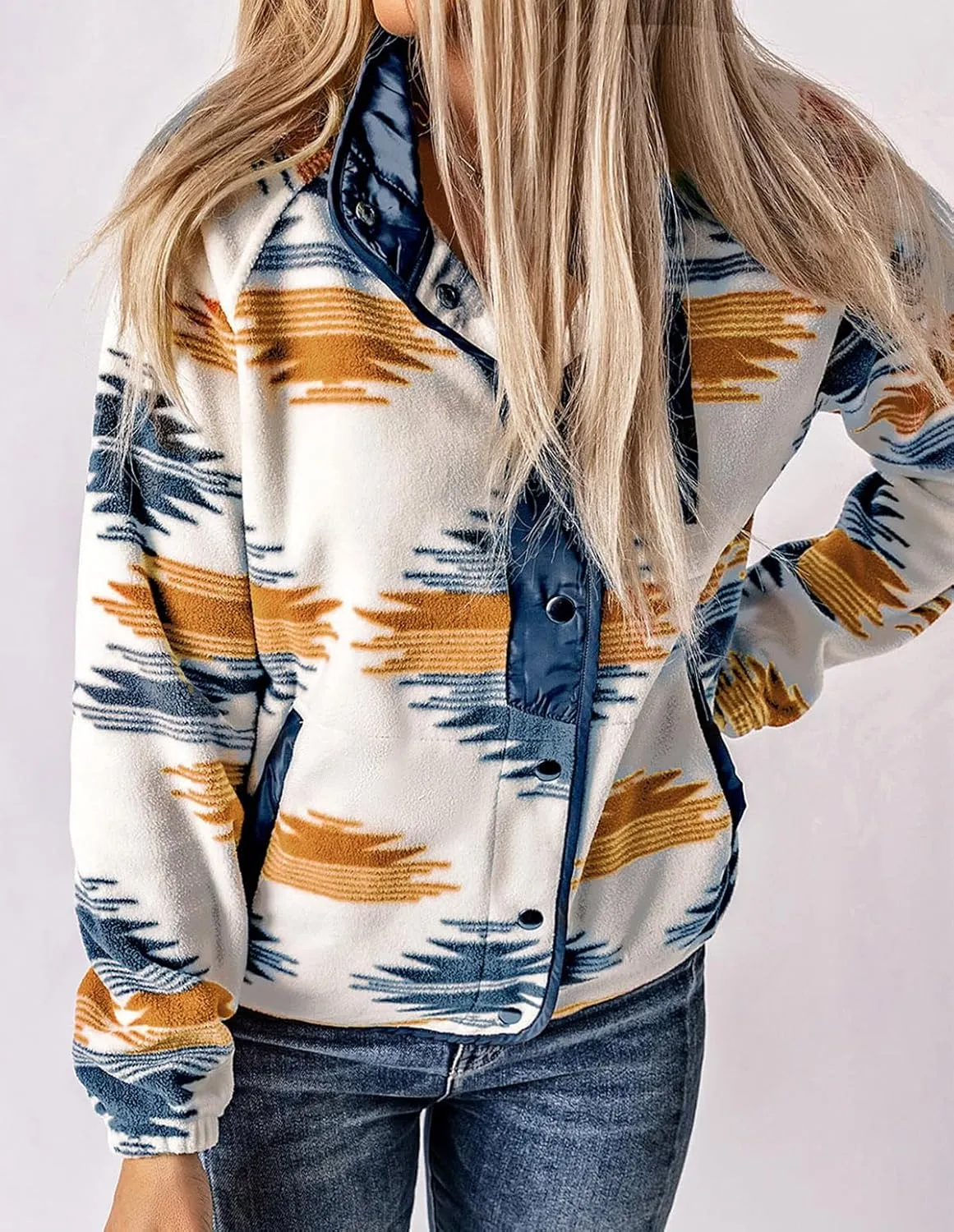 Womens Aztec Print Fleece Jacket Casual Long Sleeve Snap Button Vintage Shacket Coat with Pockets