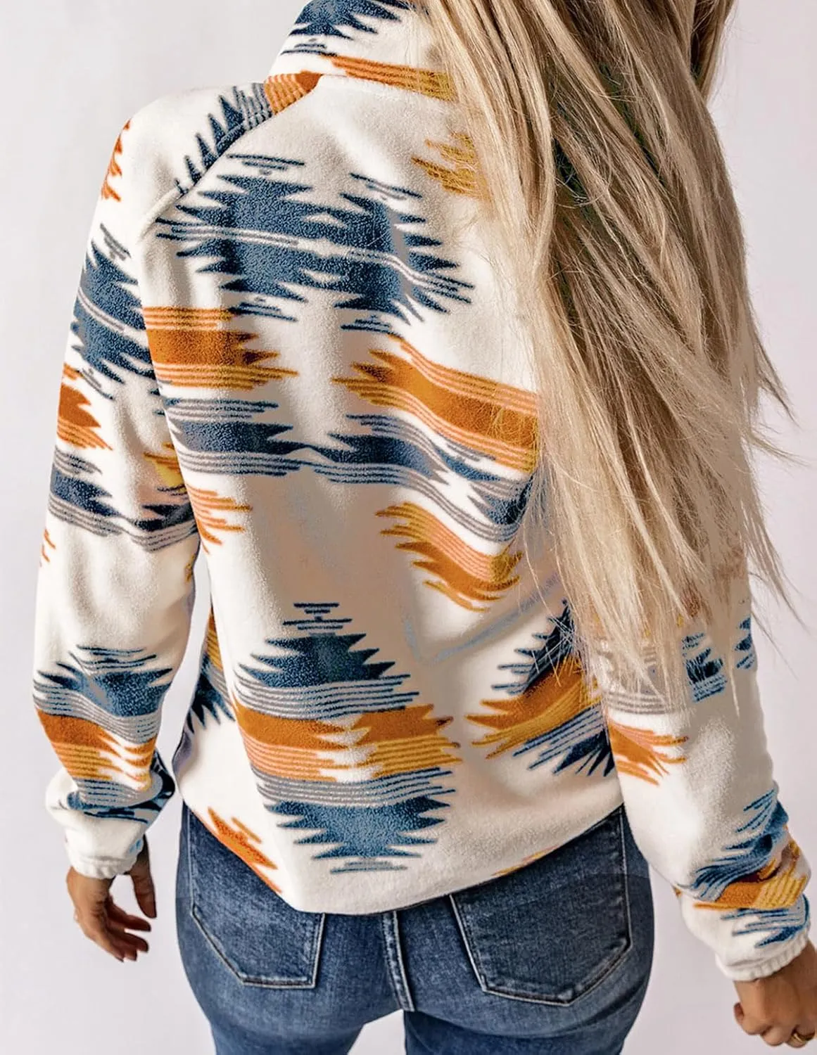 Womens Aztec Print Fleece Jacket Casual Long Sleeve Snap Button Vintage Shacket Coat with Pockets
