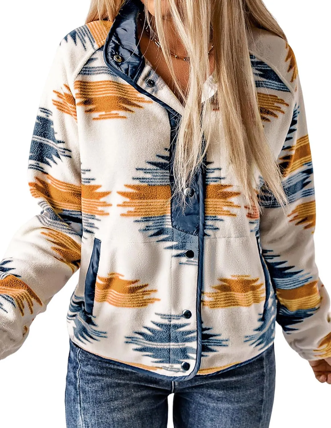 Womens Aztec Print Fleece Jacket Casual Long Sleeve Snap Button Vintage Shacket Coat with Pockets