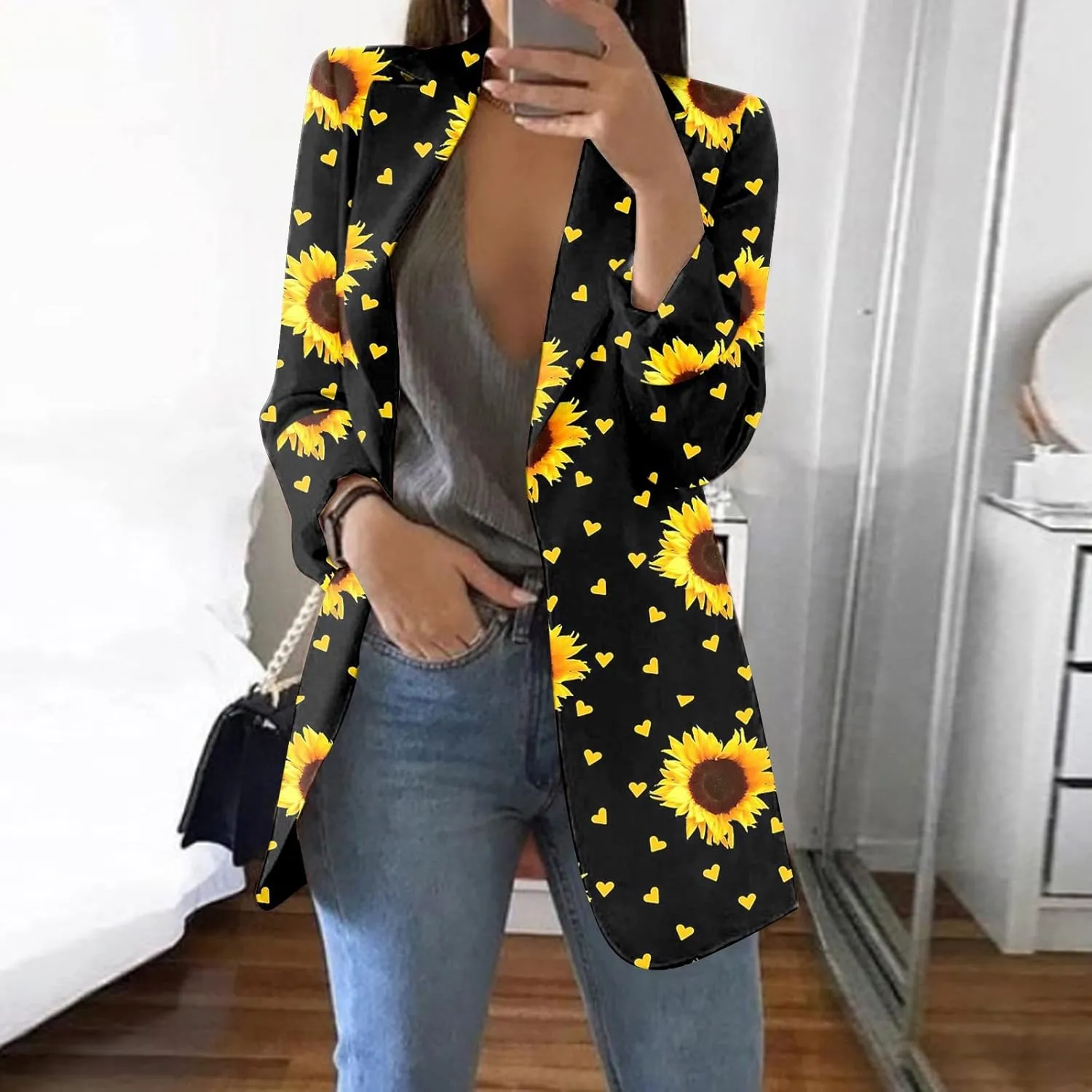 Women's Fall Casual Trendy Long Sleeve Lapel Floral Cardigan Jacket Plus Size