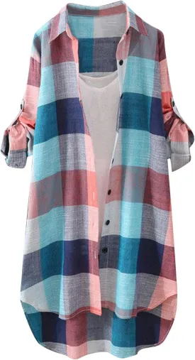 Womens Oversized Button Down Plaid Shacket Shirt with Pockets Roll Up Long Sleeve Casual Boyfriend Tunic Blouse Top