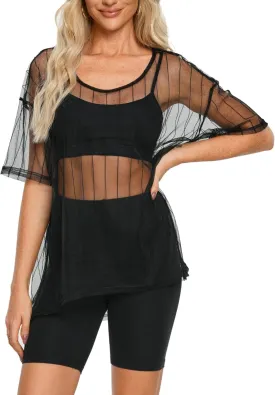 Womens Oversized T Shirts Short Sleeve Mesh Top Sheer Blouse See Through Glitter Tops Y2K Clubwear