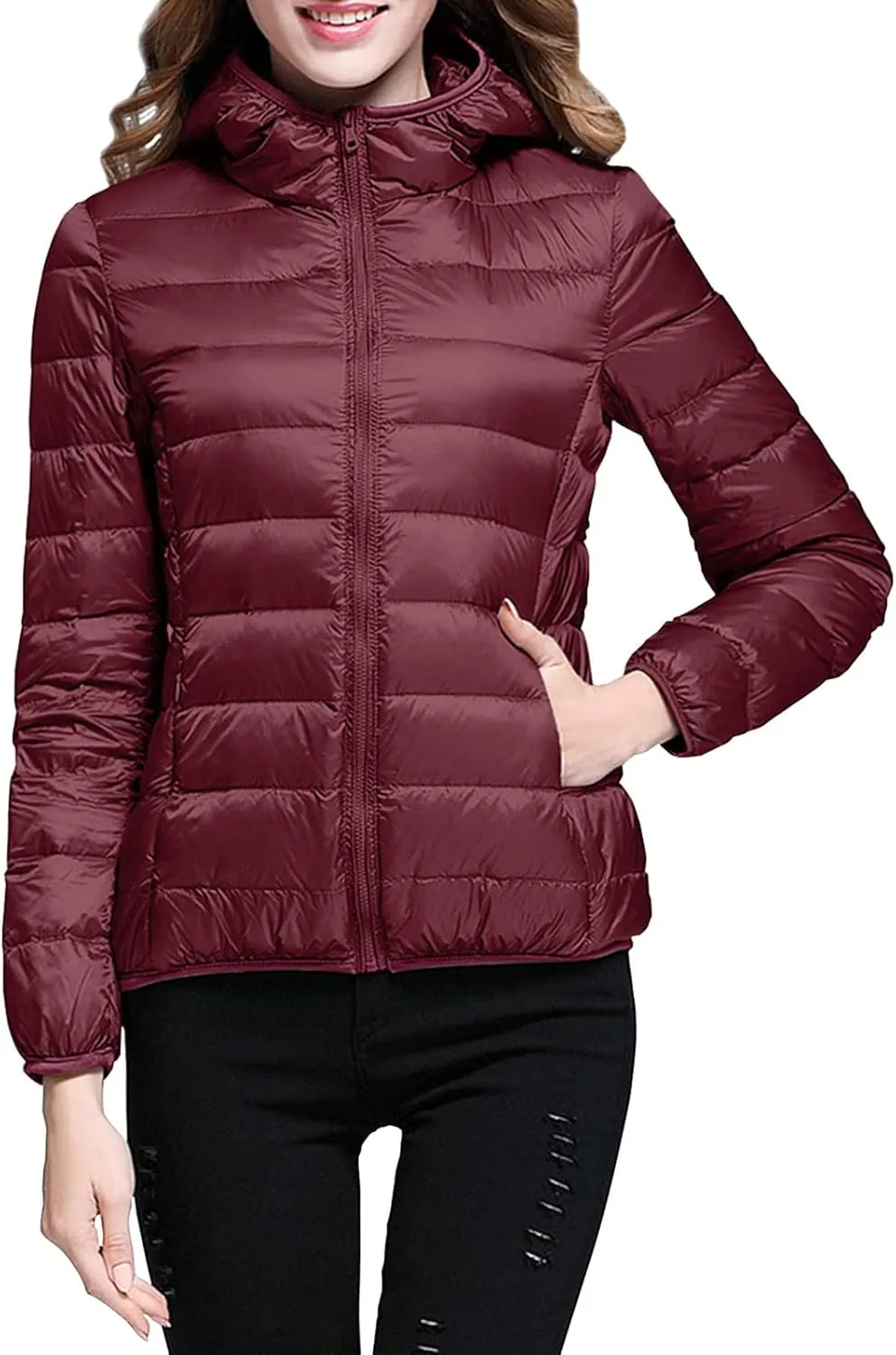 Womens Puffer Jacket 2024 Winter Warm Packable Down Jacket Lightweight Slim Fit Hooded Jackets Short Duck Down Coats