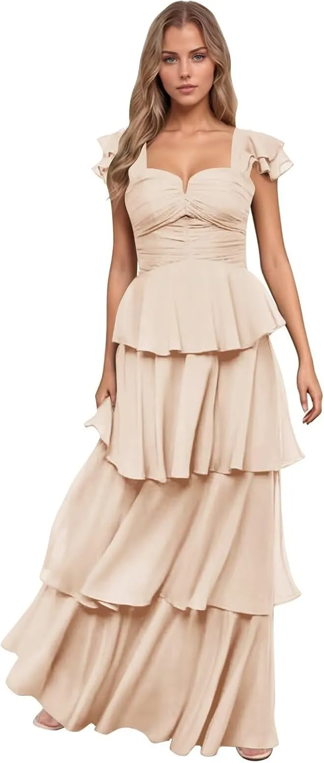 Women’s Ruffle Bridesmaid Dresses Long Chiffon Tiered Prom Dresses 2025 Pleated Flutter Sleeve Formal Evening Gown