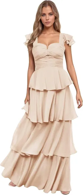 Women’s Ruffle Bridesmaid Dresses Long Chiffon Tiered Prom Dresses 2025 Pleated Flutter Sleeve Formal Evening Gown