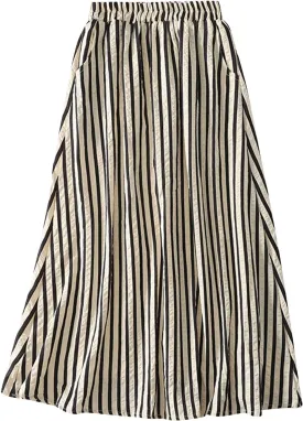 Women's Striped Skirts Elastic Waist Long Flowy Bohemian Cotton Linen Casual Summer Beach Holiday A Line Maxi Skirt