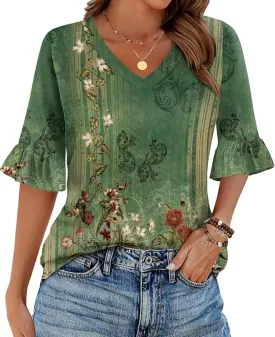 Zeagoo Womens Tops Casual V Neck Shirts Floral Solid Blouse Ruffle Tunics 3/4 Sleeve Tshirt S-XXL