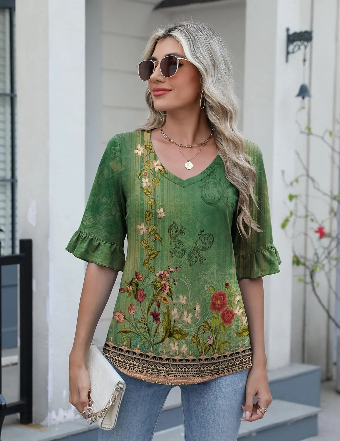 Zeagoo Womens Tops Casual V Neck Shirts Floral Solid Blouse Ruffle Tunics 3/4 Sleeve Tshirt S-XXL