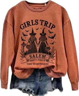 ZYXTIM Halloween Pullover Tops for Women Girls Trip Time to Get Wicked Letter Graphic Scary Printed Sweatshirts Holiday Tees