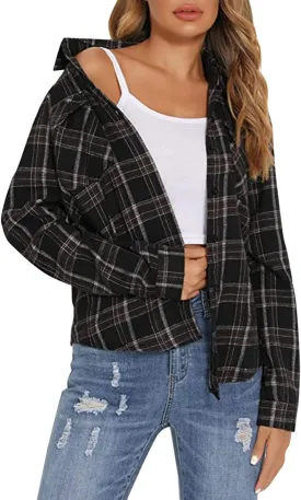 ZYXTIM Womens Plaid Shirts Classic-Fit Long-Sleeve Loose-Fit Lightweight Collar Flannel Shirts Fashion Boyfriend Blouses Tops