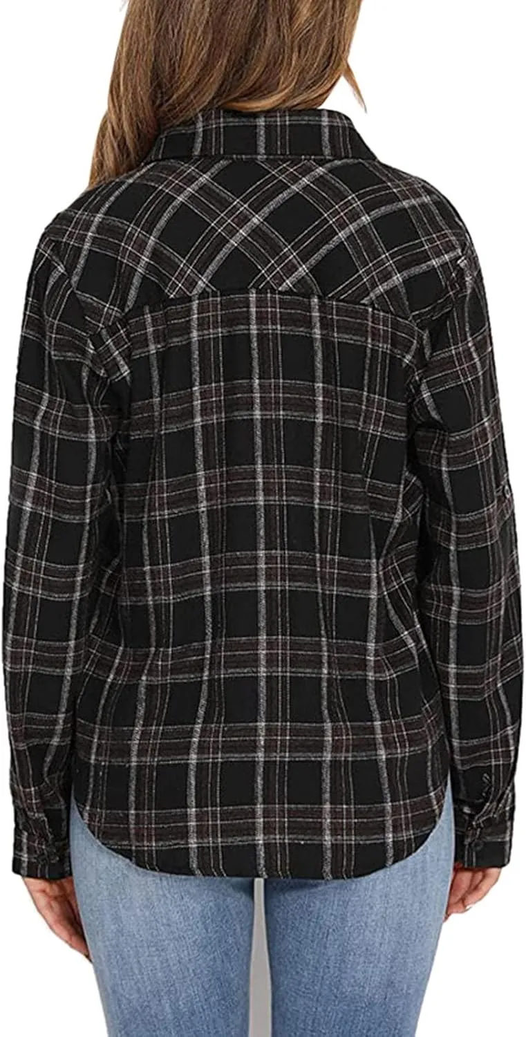 ZYXTIM Womens Plaid Shirts Classic-Fit Long-Sleeve Loose-Fit Lightweight Collar Flannel Shirts Fashion Boyfriend Blouses Tops